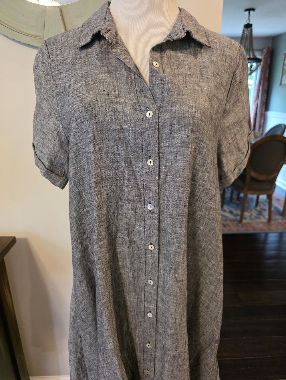 Tahari Size Large 100% Linen Short Sleeve Button Down Shirt Dress Pockets Casual - Picture 3 of 10